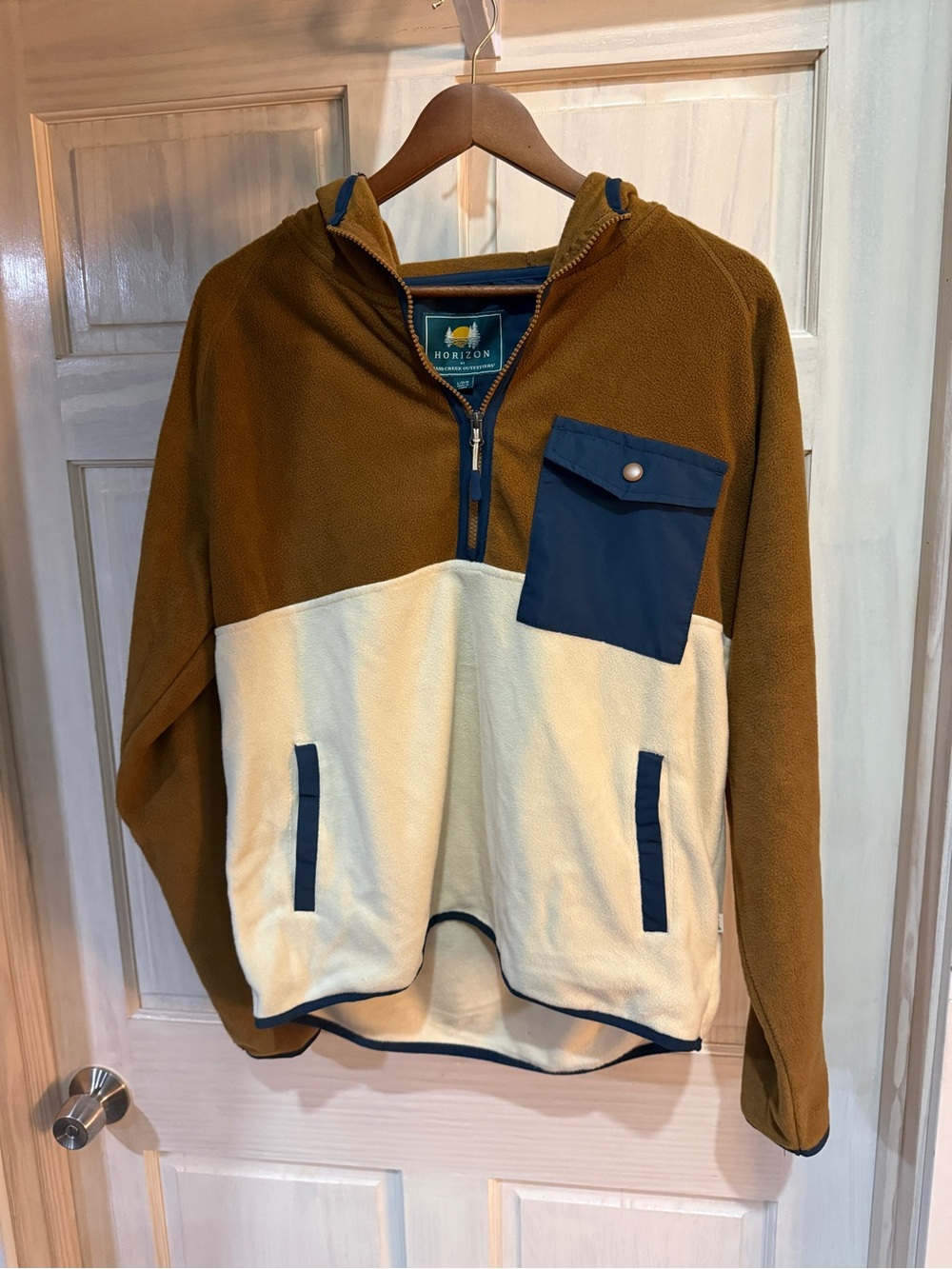 Horizon Men’s Two-Tone Fleece Pullover Jacket - Brown & Cream